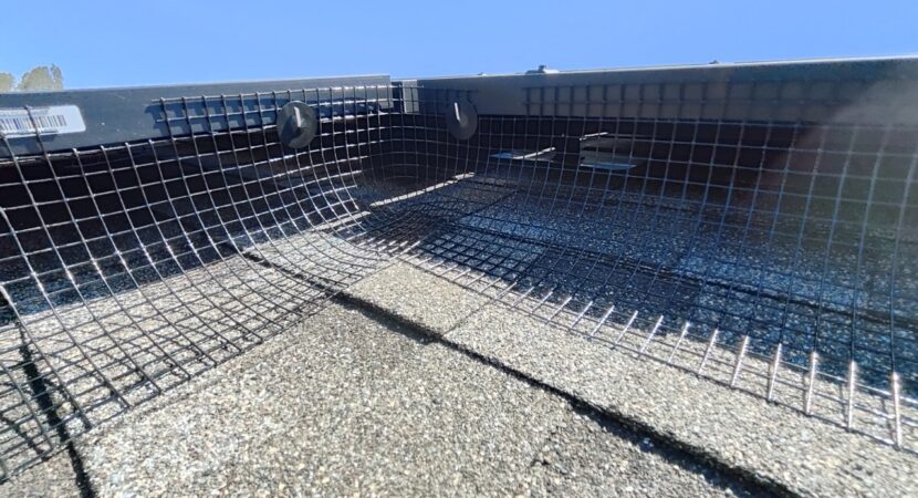 Black PVC-coated solar bird proofing mesh installed around the perimeter of residential solar panels